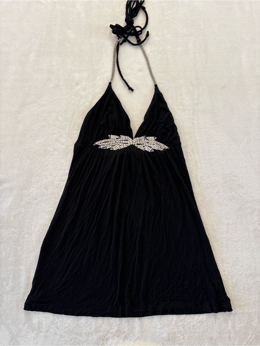 Y2K Wet Seal Black Rhinestone Applique Angel Wings Halter Mini Midi Dress Small